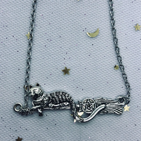 Cat on Broom Pentagram Pagan Witch Necklace - Picture 3 of 3